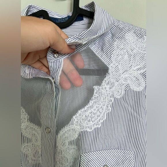 GUESS Striped Sheer Lace Details Button Down Western Shirt Size XS Like New - Picture 4 of 10